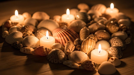 Candles and seashells on a wooden surface create a peaceful and serene atmosphere. This natural decor offers a sense of tranquility and a connection to the ocean, perfect for meditation or a calming environment.の素材