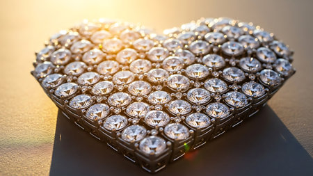 Diamond heart, a symbol of eternal love and luxury, shines brightly on a dark, reflective surface, casting gentle glows. Each gem meticulously placed, forming a stunning display of brilliance and romance.の素材