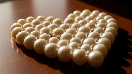 Heart-shaped arrangement of lustrous pearls creates an elegant symbol of love. Creamy pearls are meticulously placed on a polished wooden surface, highlighting their beauty.の素材