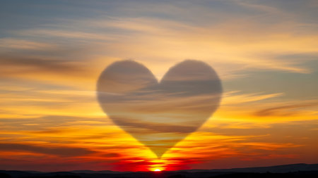 Dramatic sunset over mountain range, with heart shaped cloud formation casting shadow across vibrant orange and yellow sky. Sun dips below horizon, creating breathtaking and romantic natural display.の素材