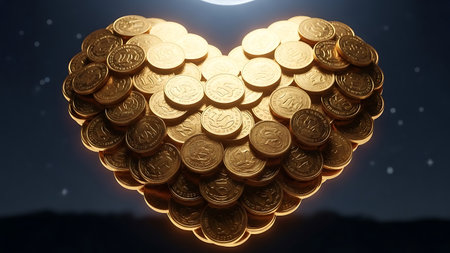 Heart shape composed of shining gold coins under soft moonlight. Represents wealth, finance, and treasure concepts with sparkling details. Symbolic of prosperity and valuable assets.の素材