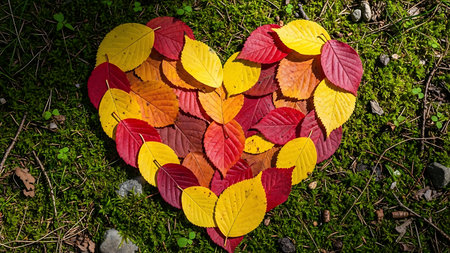Heart shape created from colorful fall leaves on green moss. Natural autumn background with yellow and red foliage. Beautiful seasonal display, symbolizing love and nature's charm.の素材
