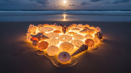 Heart shape formed by glowing seashells and sand dollars on a moonlit beach. Evokes romance and seaside beauty, creating a magical coastal scene at night. Ocean waves in background.の素材