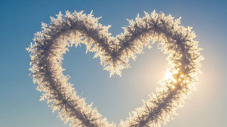 Heart shape crafted from delicate frost snowflakes; intricate icy crystals arranged into symbolic heart against clear blue sky with bright sunlight; beautiful winter, romantic, frosty scene.の素材