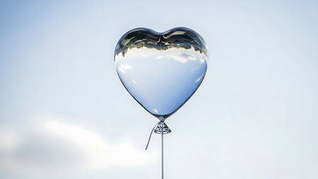 Heart shaped balloon crafted from reflective, mirror-like material floats peacefully against clear blue sky. It captures subtle reflections of clouds and distant landscape, evoking feelings of love and tranquility.の素材