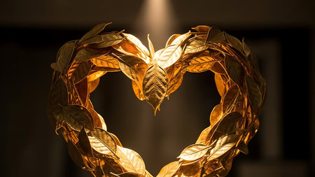Golden laurel wreath forms heart shape, illuminated by a focused spotlight. This design symbolizes victory, honor, and achievement, presented against dark, elegant background.の素材