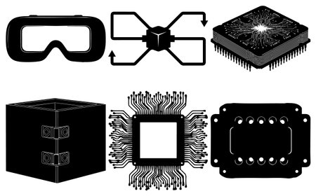 This set of six black and white vector icons includes a VR headset abstract data flow diagram...