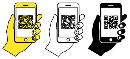 Mobile QR code scan icon set featuring a hand holding a smartphone displaying a QR code. These icons...