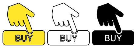 Hand pressing buy button icon set. Online purchasing, click to buy, add to cart symbol. Ecommerce,...