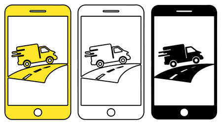 Fast delivery truck on curved road shown on smart phone screen icon set. Mobile delivery service symbol. Shipping vehicle on phone display.のイラスト素材