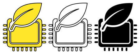 Eco friendly computer processor set. Digital chip with leaf icon. Green technology concept symbol. Sustainable circuit board design. Bio energy processor emblem. Environmental computing solutions.のイラスト素材