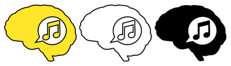 Three brain icons with music notes inside speech bubbles. Symbolizing musical thought creativity and auditory processing. Available in yellow, black, white.のイラスト素材