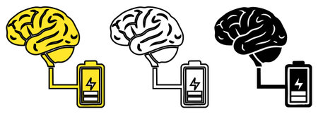 Brain charging icon set in three styles, highlighting brain activity, full battery brain, and mind recharge concepts. Perfect for illustrating mental energy, focus, and intellectual power.のイラスト素材