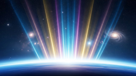 Abstract cosmic rays, glowing planet surface, starry sky, vibrant light beams, colorful illumination, space background, celestial phenomenonの素材