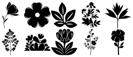 Assortment of black flower and plant silhouettes along with decorative branches. Ideal for creating unique and elegant designs on white background.のイラスト素材