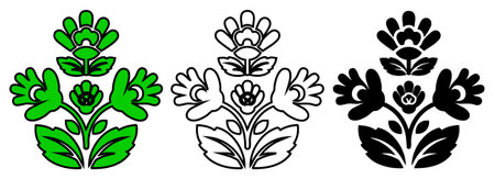 Ornate decorative floral ornament in three color variations green white and black isolated on white background. Stylized folk art pattern for elegant design projects.のイラスト素材