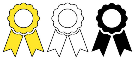 Rosette award ribbons in vibrant yellow, clean outline, and bold black fill convey achievement and recognition, ideal for various design projects.のイラスト素材