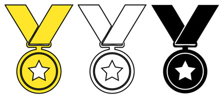 Collection of three award medals, featuring yellow, outline, and solid black versions, each with star symbol and ribbon, representing victory and recognition, isolated on white background.のイラスト素材