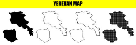 Yerevan map collection displays detailed vector illustrations including contour, solid, and dotted styles, perfect for geographical projects and educational materialsのイラスト素材