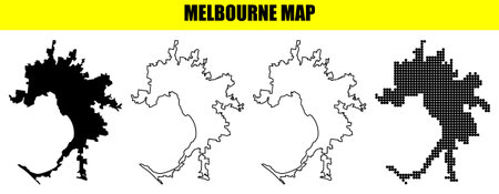 Diverse Melbourne map collection presenting solid black silhouette, crisp outline, and halftone dot pattern. Melbourne geographic area on white background.のイラスト素材