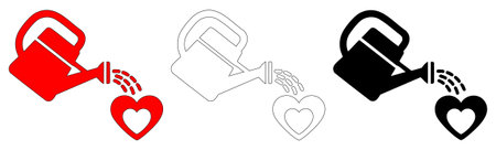Watering can pouring water on heart icon set vector illustration in red, black, and outline versions. Perfect for gardening, love, and growth concepts. Isolated on white background.のイラスト素材