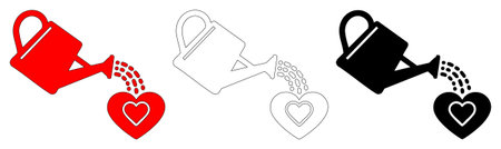 Watering can pouring hearts represents nurturing love and emotional growth. Three versions: red, black, and outline. Ideal for care, relationships, and self-love themes.のイラスト素材