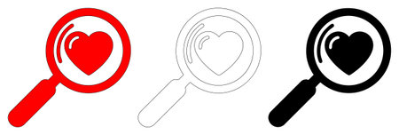 Magnifying glass with heart vector icon set. Collection of magnifying glasses featuring a heart symbol in red, black outline, and solid black color. Concepts of finding love, searching, and passion.のイラスト素材
