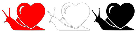 Slow love snail silhouette set collection including heart shaped shell snail. Romantic garden gastropod animal clipart. Mollusk with love shell for marriage or valentines day card design.のイラスト素材