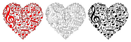 Musical heart icon collection artistic melody symbol simple vector illustration design element sound notes form love shape graphic element outline silhouette red color passion expression.のイラスト素材