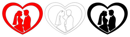 Romantic wedding couple silhouettes inside heart frame set marriage ceremony symbol bride and groom concept enduring love and fidelity design elements.のイラスト素材