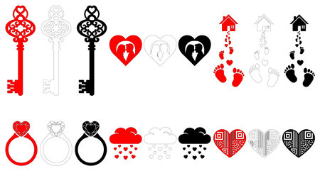 Love elements bundle including antique keys diamond engagement rings clouds raining hearts and family footprints house silhouettes for wedding designs holiday cards and invitationsのイラスト素材