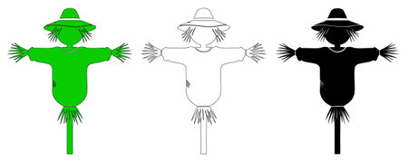 Collection of three scarecrow figures displayed in bright green solid outline sketch and dark silhouette versions offering rural field guarding concept elementのイラスト素材