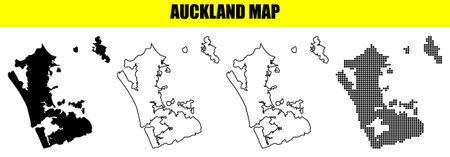 Set auckland maps isolated white background new zealand city black solid shape outline contours dotted halftone pattern collection graphic symbols location emblem.のイラスト素材