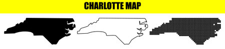 Charlotte map vector set includes a solid black map, precise outline map, and contemporary dotted map, perfect for presentations, educational content, graphic design, and web useのイラスト素材