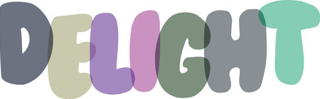 Fun cute bubblegum font word art graphic of the word "delight" with a unique design and bright pastel color palette. This is a perfect illustration for any design project. Isolated on transparent background.のイラスト素材