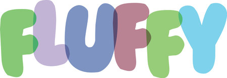 Soft pastel word fluffy in charming rounded letters. Each letter is a different translucent color, gently overlapping. Fun playful design on checkerboard pattern.のイラスト素材