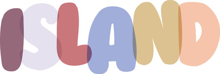 Bright word island in pastel shades with soft shadows. Playful font lettering for travel and vacation designs. Transparent graphic element.のイラスト素材