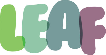Eco friendly typography for leaf word featuring soft rounded characters in lime mint teal and plum colors with overlapping transparency effects for nature and environment conceptsのイラスト素材