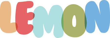 Bold, rounded letters spell out 'LEMON' in a vibrant, overlapping color palette. Ideal for children's learning materials, fruit-themed projects, or cheerful design elements. Simple and clear graphic.のイラスト素材