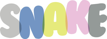 Snake word typography featuring unique color overlaps and rounded font style. Modern graphic illustration suitable for apparel and educational prints. Vibrant lettering with soft edges.のイラスト素材