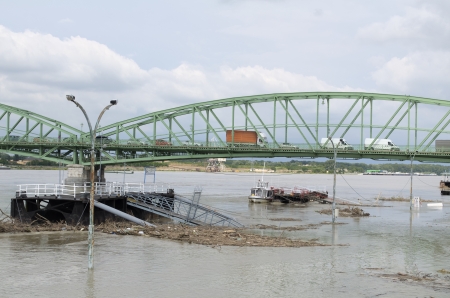 High water level of Danube river at town of Komarom, Hungary before the culmination, Wednesday 5th june 2013. 
Hungarian water experts predict near-record water level of Danube river for Friday at town of Komarom.の写真素材