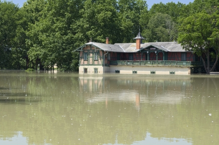 Spartacus Boathouse Flooded by River Raba in Gyor, Hungaryのeditorial素材