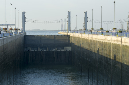 GABCIKOVO, SLOVAKIA - NOVEMBER 01, 2013: Low water level in one of the shiplocks of Gabcikovo Dams on Danube riverのeditorial素材