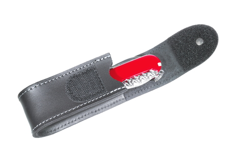 Swiss Army Multipurpose Military Knife in Pouch Isolated on White Backgroundの写真素材