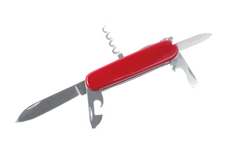 Swiss Army Multipurpose Military Knife Opened Isolated on White Backgroundの写真素材