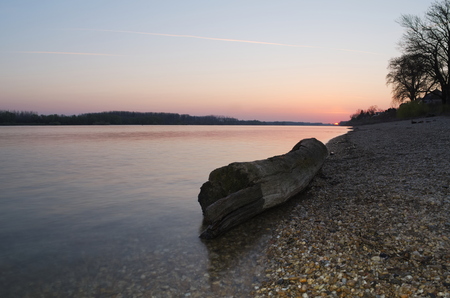 Driftwood Log on the Danube River Shore in the Sunriseの写真素材