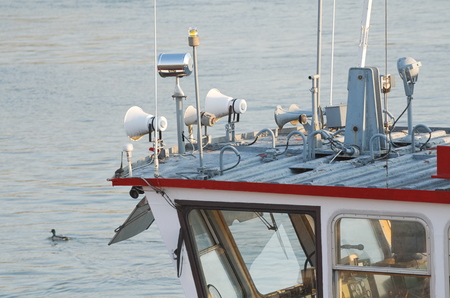 Boat Cabin with Communication Equipment on the Danube River Closeupの写真素材