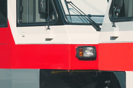 Red and White Tram Closeup on a Sunny Dayの写真素材