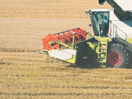 Wheat Harvesting with Combine Harvester on a Sunny Summer Dayの写真素材