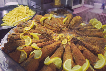Fried Fish with Lemon at Town Fair Food Stallの写真素材